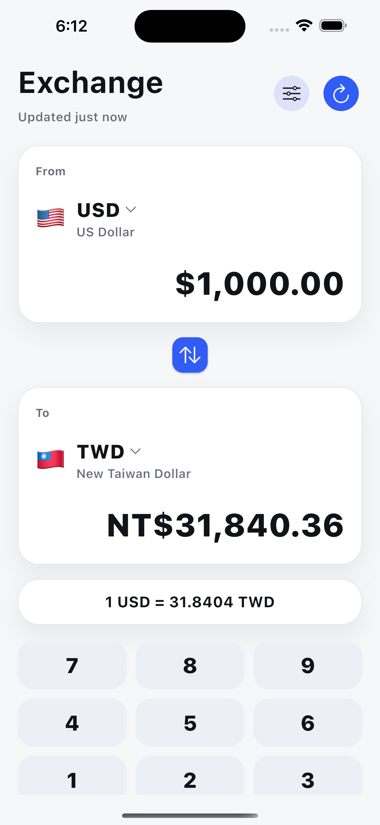 Ứng dụng Exchange hiển thị chuyển đổi USD sang VND